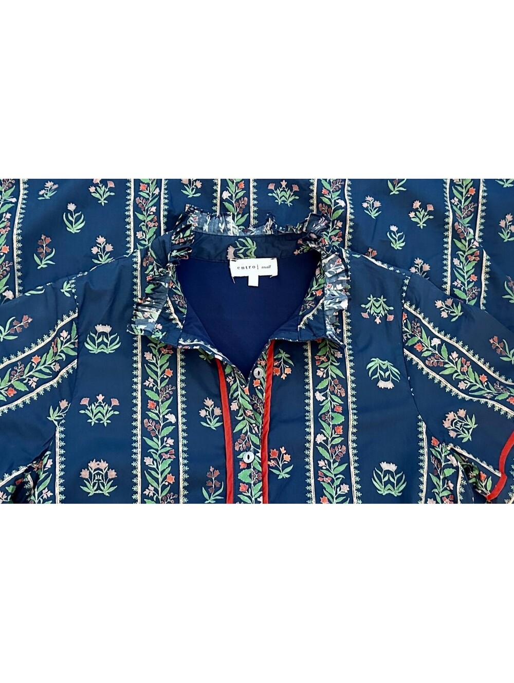 NEW Entro Anthropologie Navy Blue Red Floral Print Maxi Shirt Dress Belted S - Picture 3 of 4